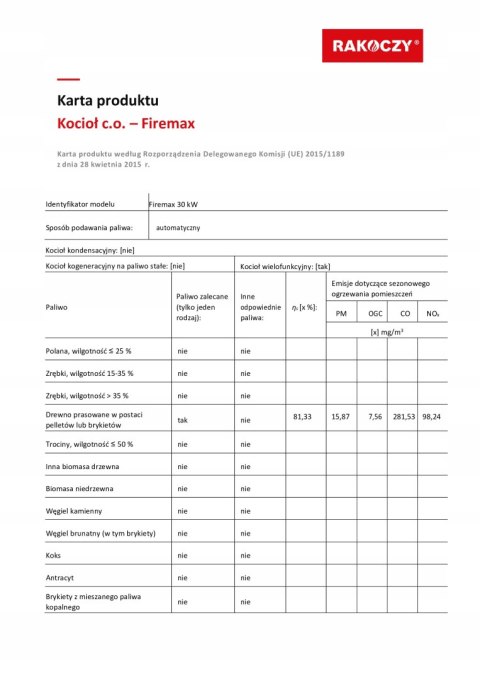 Kocioł na pellet 190 30kW FIREMAX PLUS Rakoczy