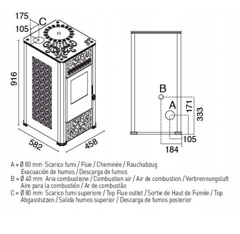 PIEC PIECYK KOMINEK NA PELLET EVA CALOR LUCILLA 9 kW Z NADMUCHEM ZDOBIENIA
