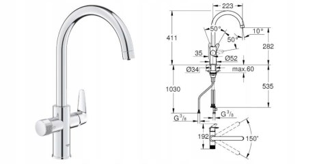 Bateria kuchenna stojąca Grohe BLUE PURE BAUCURVE srebrna, 30580000